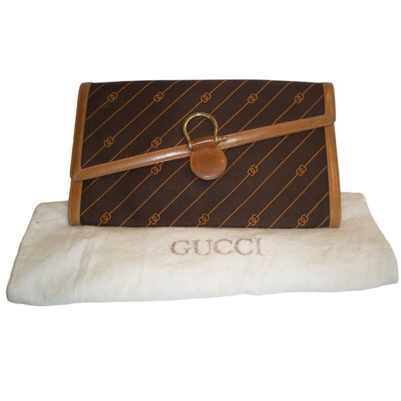 GUCCI early brown logo print XL asymmetrical envelope top clutch - Picture 1 of 13